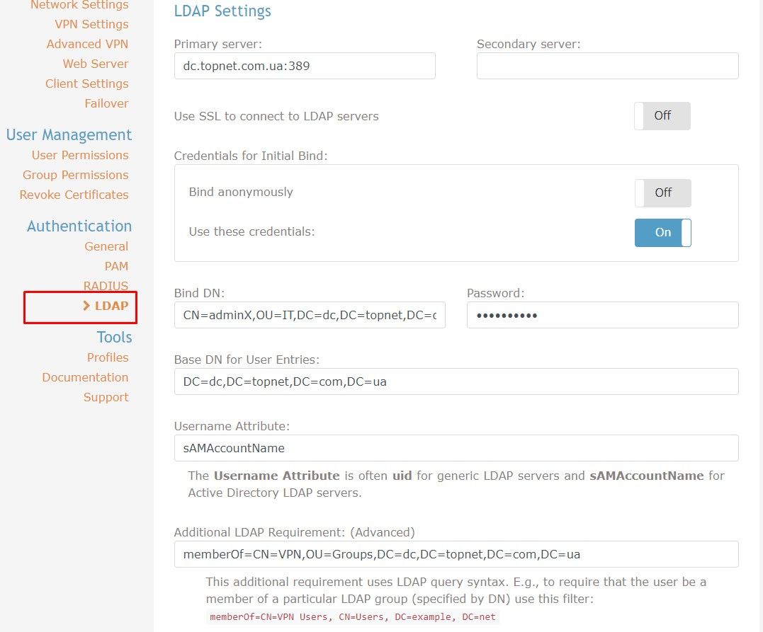 Настройка OpenVPN Access Server, настройка LDAP