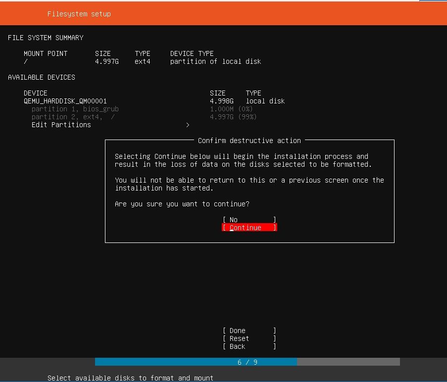 Установка Ubuntu Server, подтверждение выбора диска